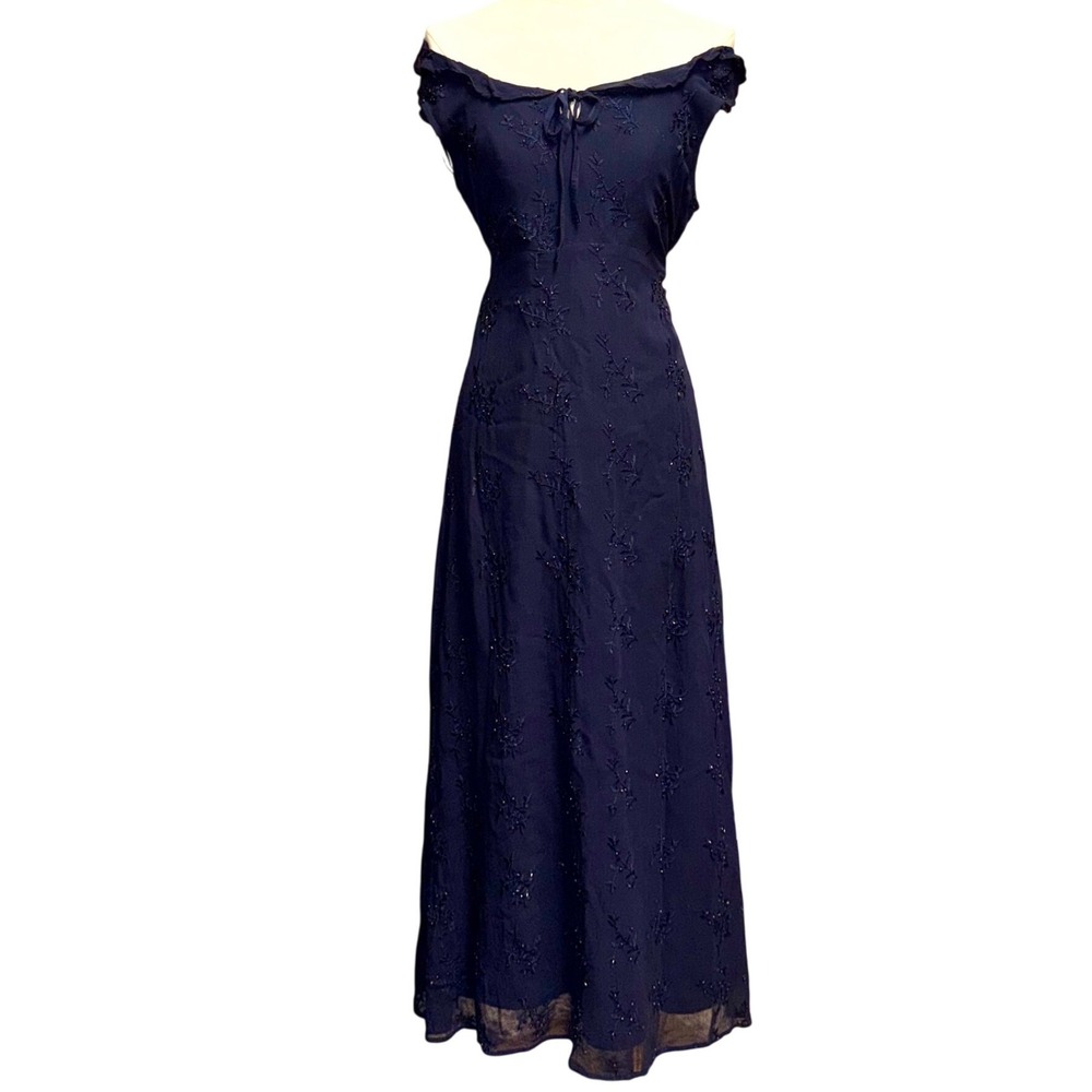 Molly Malloy Navy Blue Floral Beaded Off-the-Shoulder Maxi Y2K Fairycore Grunge